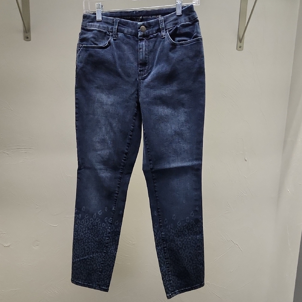Chico's Dark Blue Ankle Jeans With Animal Print Design On Bottim Of Jeans